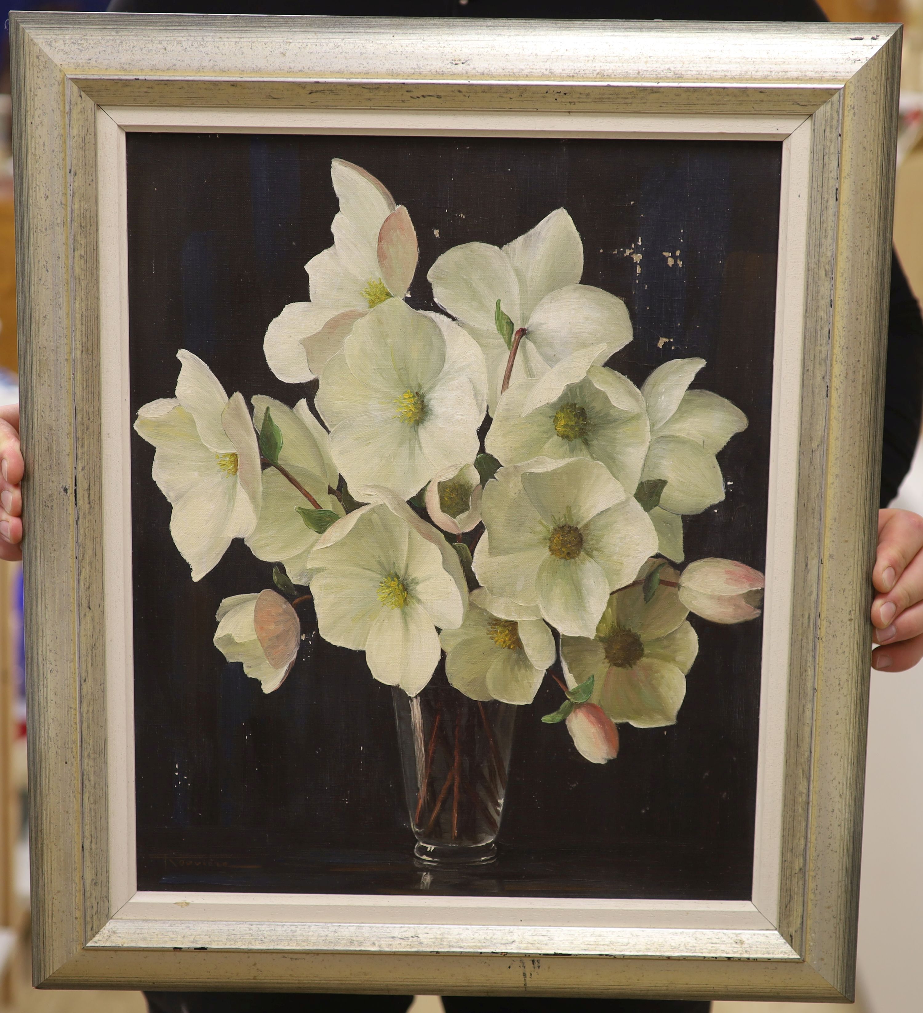 Elizabeth Rouviere (American, C20th), oil on canvas, Still life of flowers in a glass vase, signed, 45 x 37cm